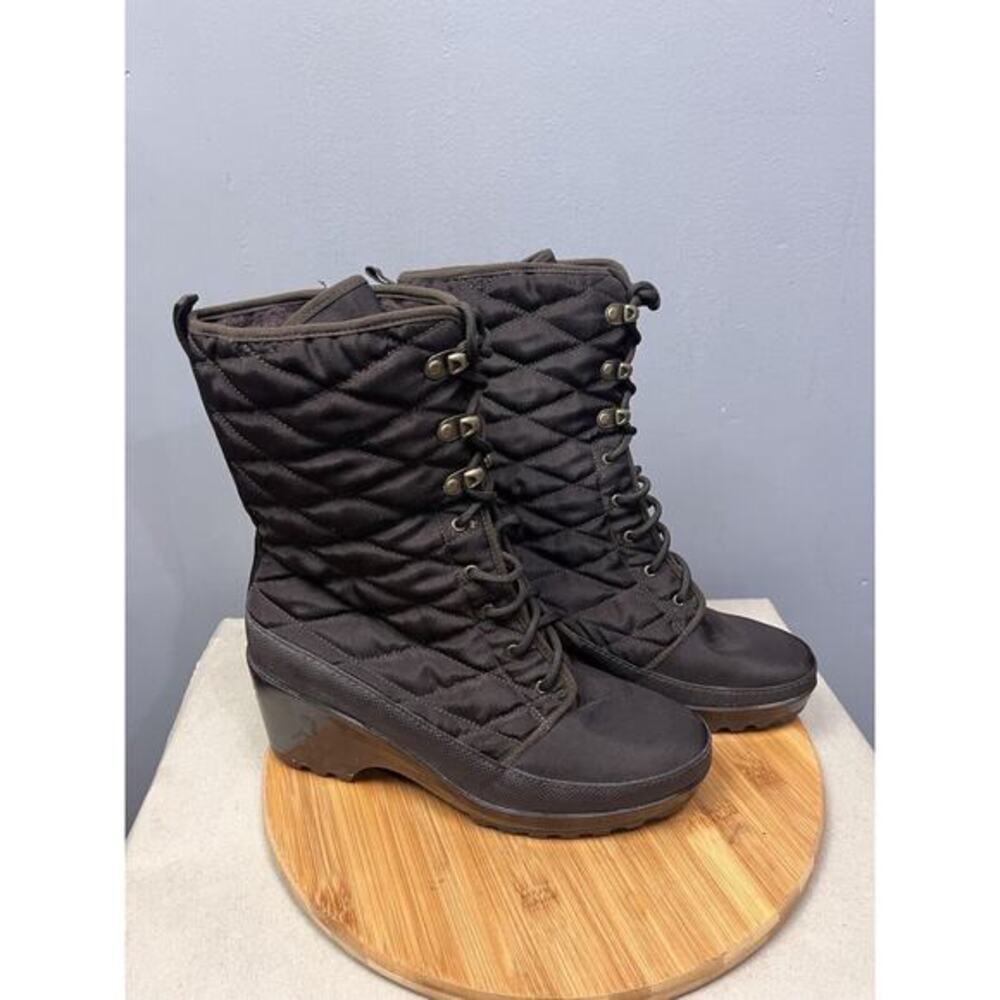 Rockport Boots Womens 10 Lorraine Winter Brown Canvas Quilted Heel K59462